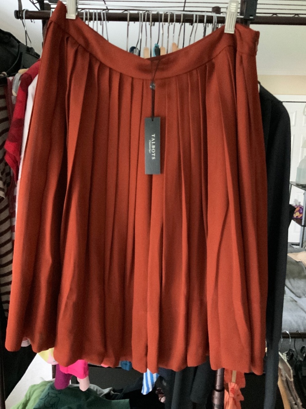 Pleated rust silk skirt. Fully lined. Falls to knee. New with tags size 8